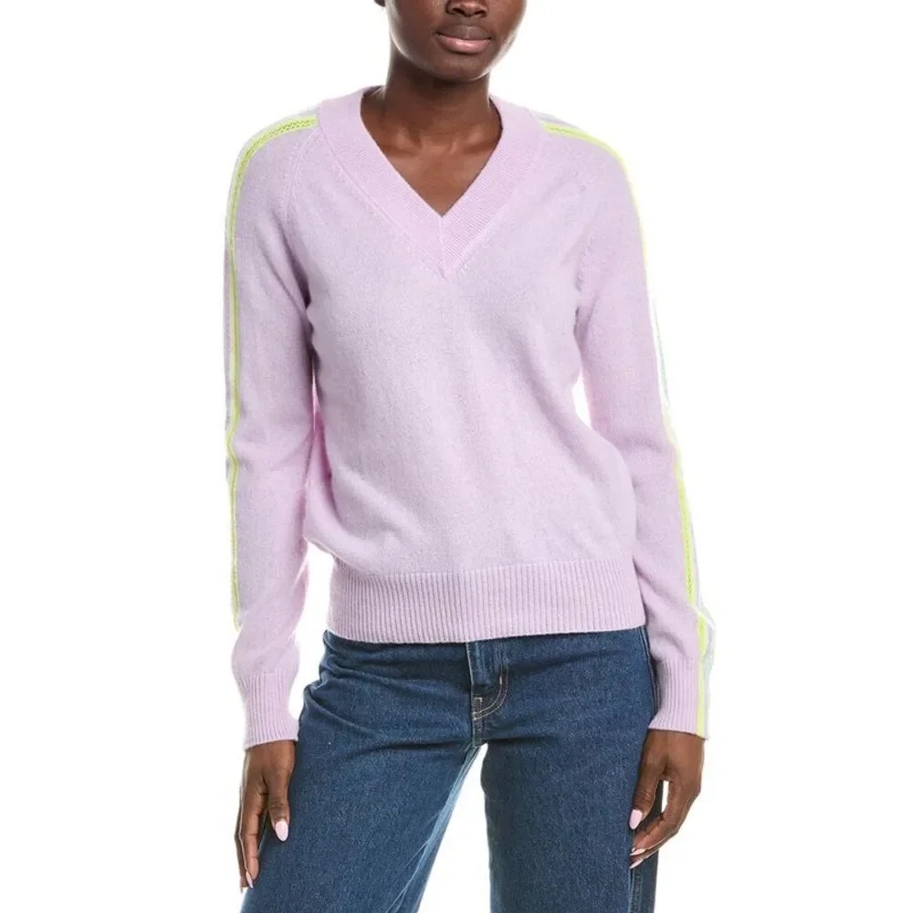 Brodie Cashmere Womens  Mesh Stripe Sleeve V-Neck Cashmere Sweater, Purple